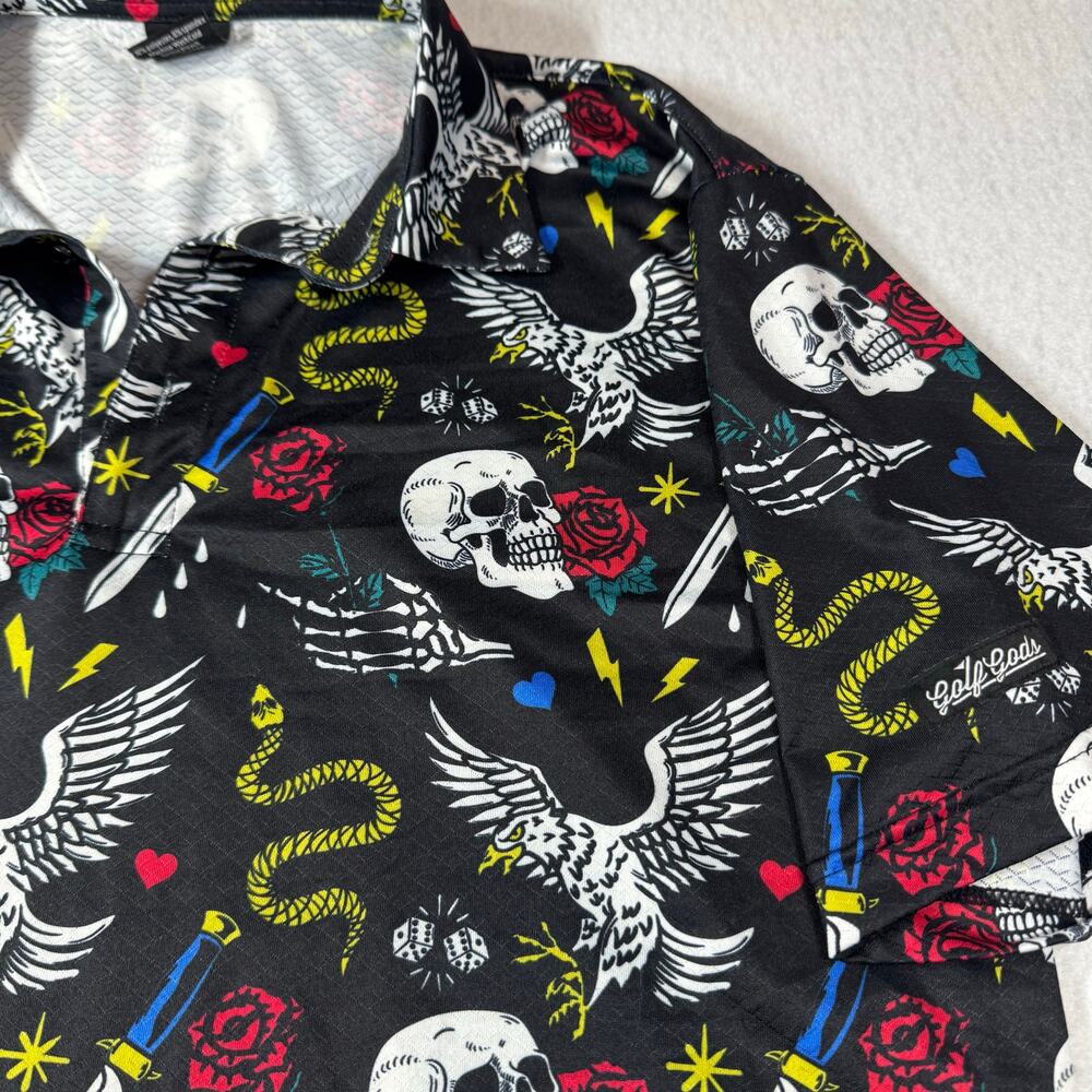 Golf Gods Lg Short Sleeve Polo All Over Print Tattoo Style Graphics Snakes Eagle